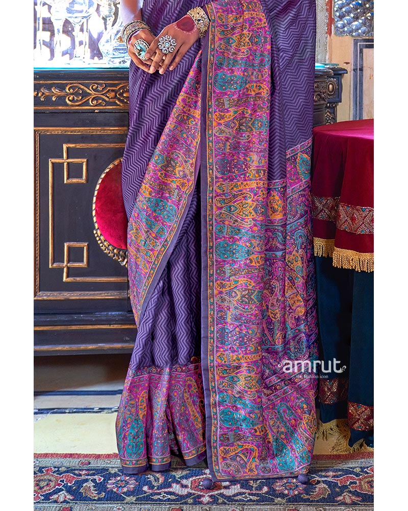 Purple Pashmina Silk Saree with Exquisite Heavy Print Border 03