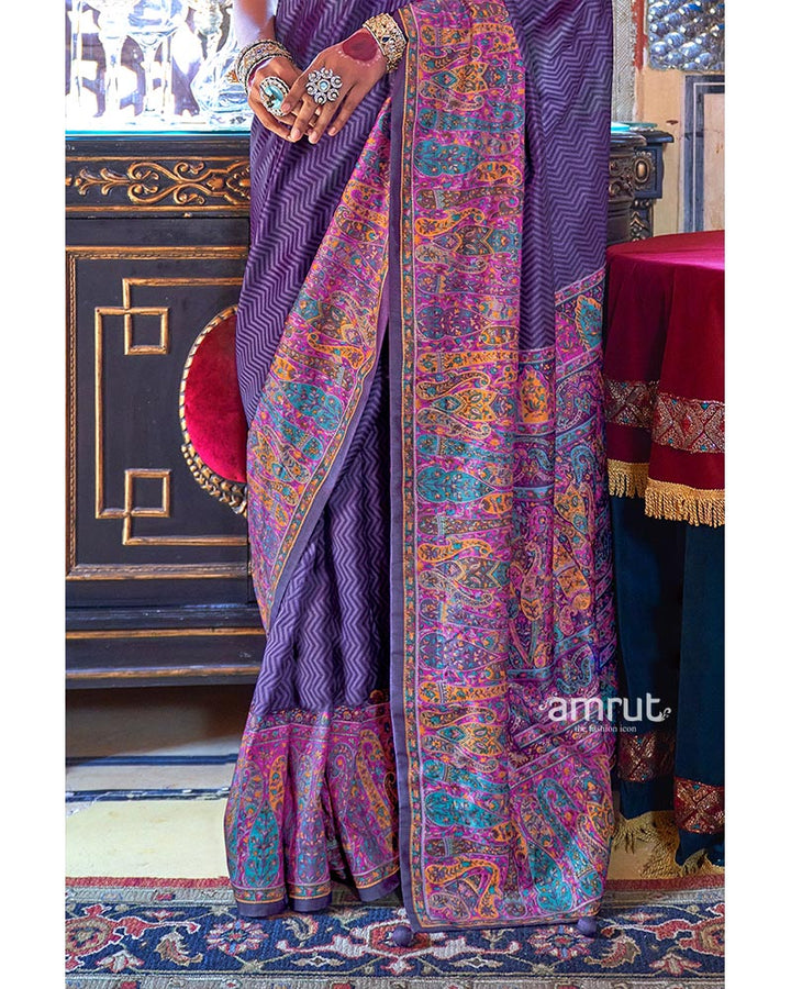 Purple Pashmina Silk Saree with Exquisite Heavy Print Border 03