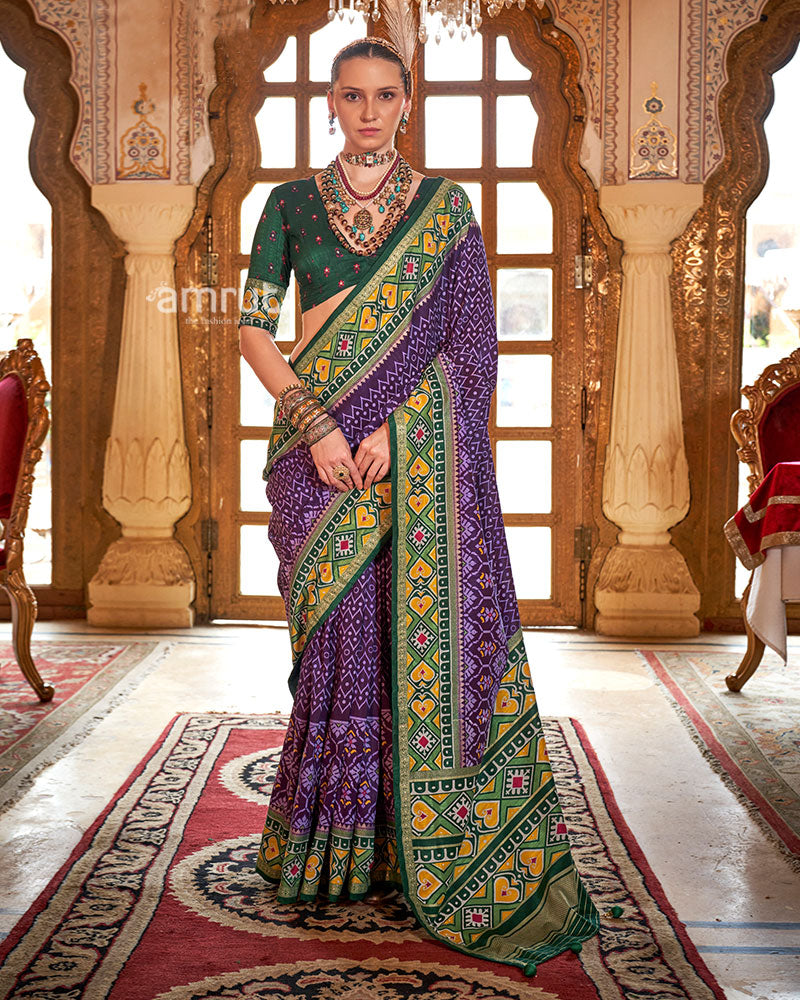 Purple Patola Printed Silk Saree with Unstitched Blouse 01