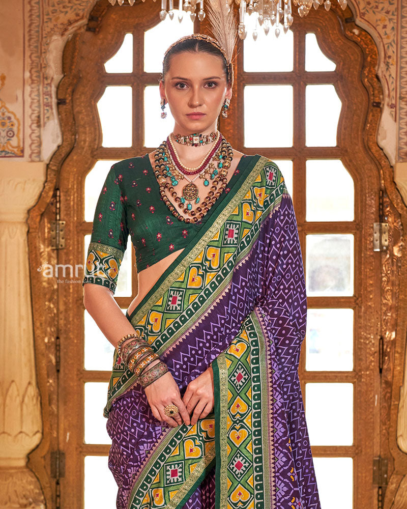 Purple Patola Printed Silk Saree with Unstitched Blouse 02