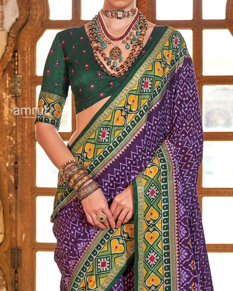 Purple Patola Printed Silk Saree with Unstitched Blouse 03