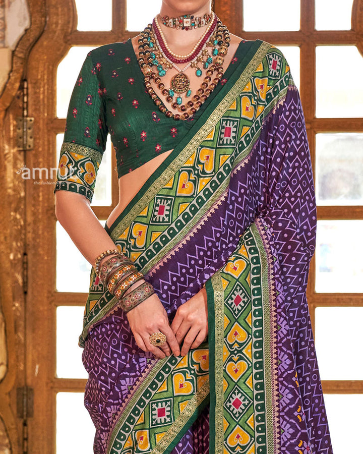 Purple Patola Printed Silk Saree with Unstitched Blouse 03