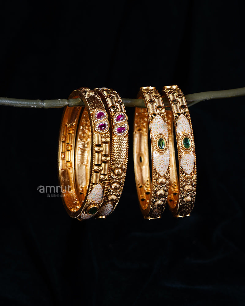 Purple, Pink, and Emerald Gemstone Accents Intricate Bangle Set 01