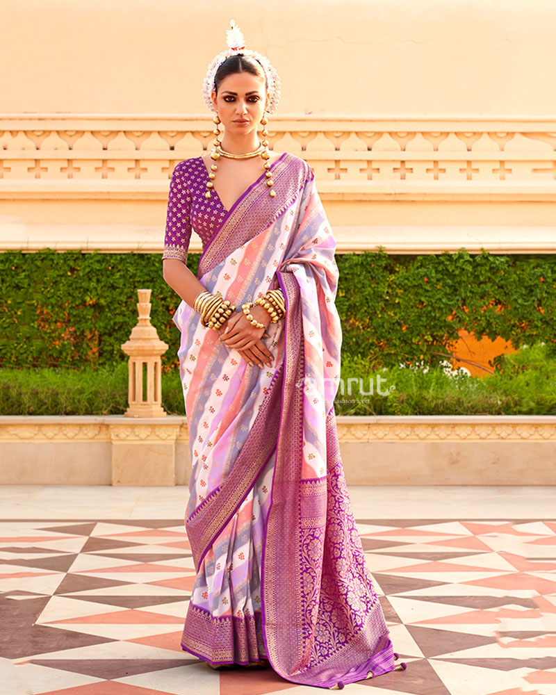 Purple Printed Silk Saree with Unstitched Blouse 01