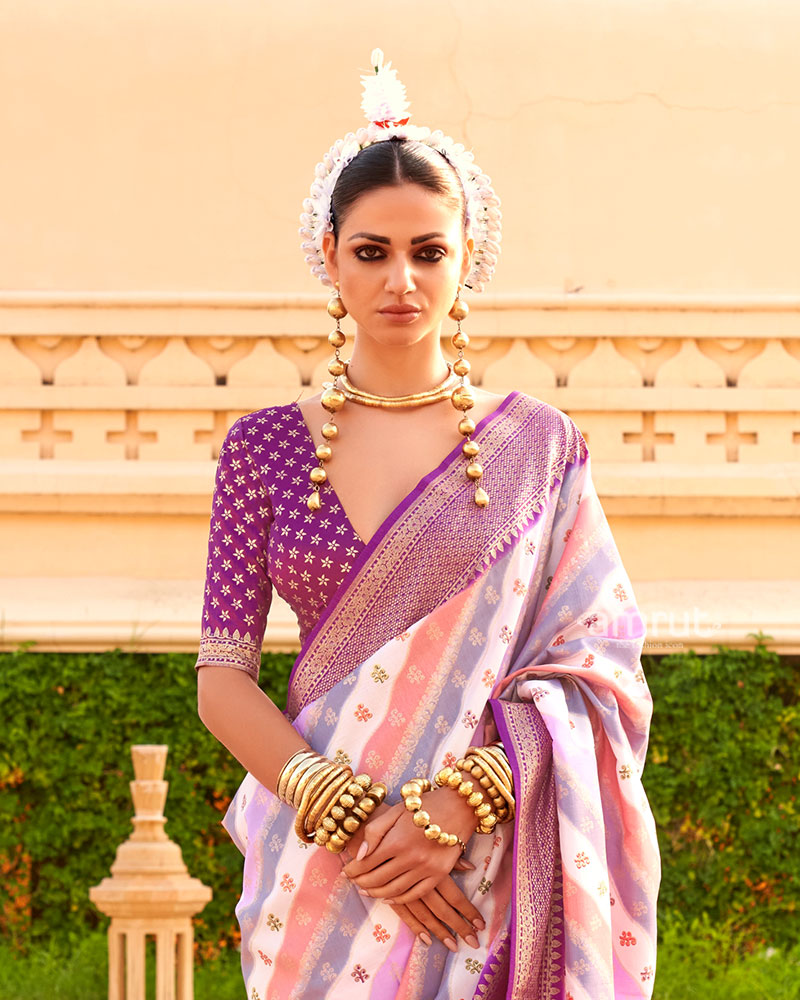 Purple Printed Silk Saree with Unstitched Blouse 02