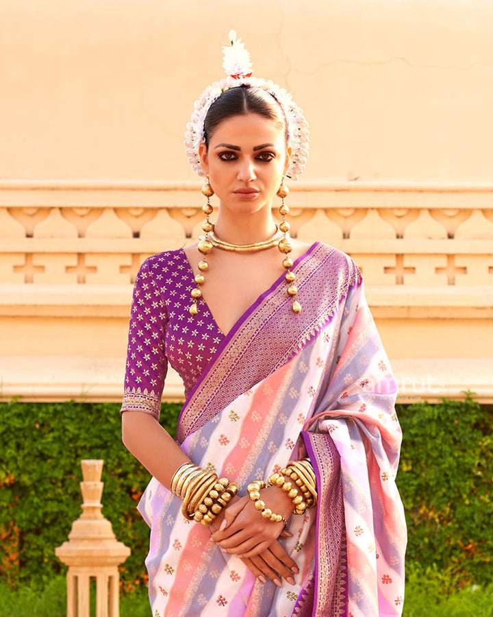 Purple Printed Silk Saree with Unstitched Blouse 02
