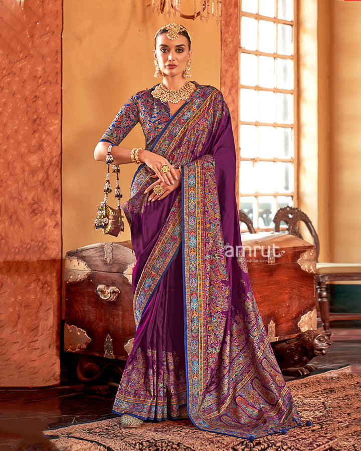 Purple Saree with Multicolored Paisley Print and Unstitched Blouse 01
