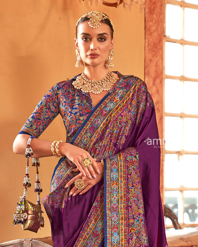 Purple Saree with Multicolored Paisley Print and Unstitched Blouse 02