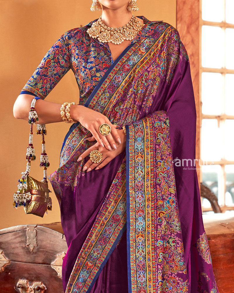 Purple Saree with Multicolored Paisley Print and Unstitched Blouse 03