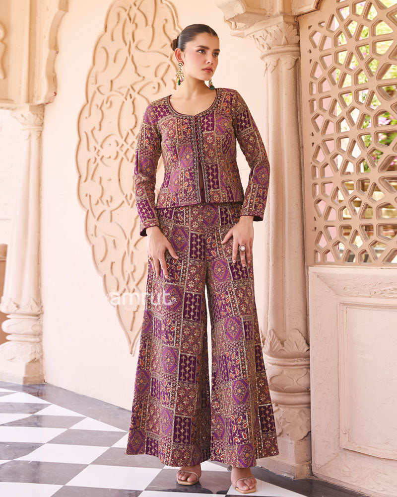 Purple Silk Printed Indo-Western Set 01