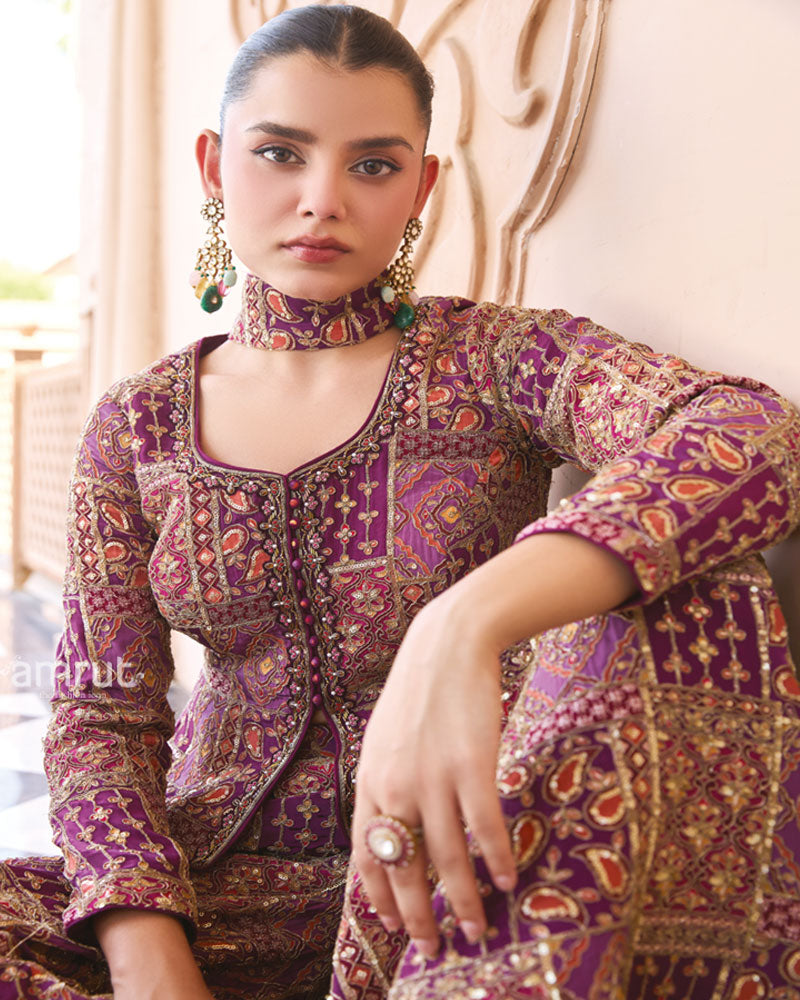 Purple Silk Printed Indo-Western Set 02