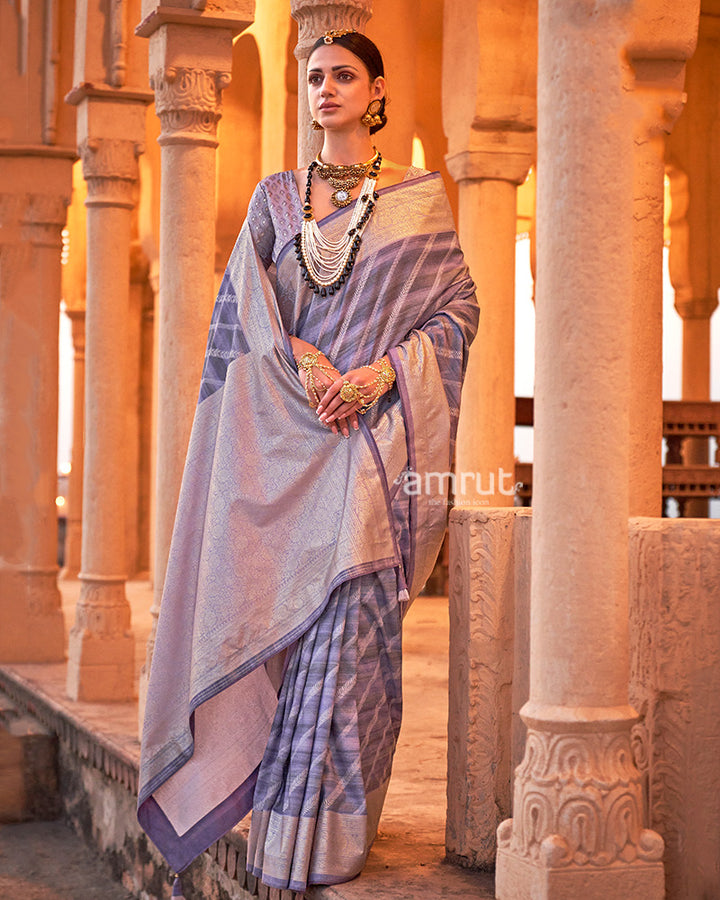 Purple Striped Pattern and Golden Border Silk Saree with Unstitched Blouse 01