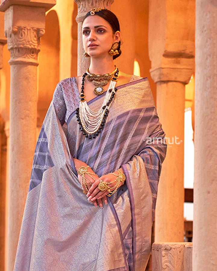 Purple Striped Pattern and Golden Border Silk Saree with Unstitched Blouse 02