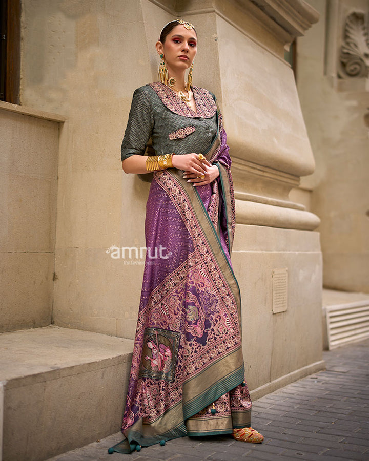 Purple Woven Silk Saree with Multicolor Border and Unstitched Blouse 01