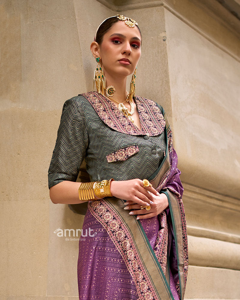 Purple Woven Silk Saree with Multicolor Border and Unstitched Blouse 02