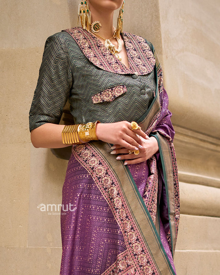 Purple Woven Silk Saree with Multicolor Border and Unstitched Blouse 03