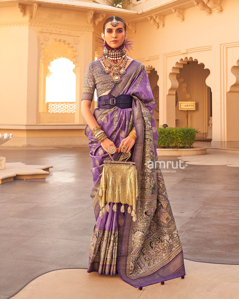 Purple Zari Embellished Border Printed Silk Saree with Unstitched Blouse 01