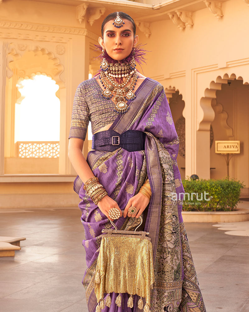 Purple Zari Embellished Border Printed Silk Saree with Unstitched Blouse 02