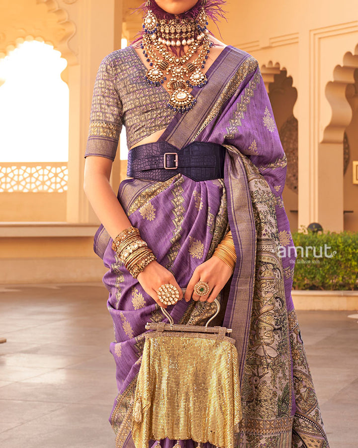 Purple Zari Embellished Border Printed Silk Saree with Unstitched Blouse 03