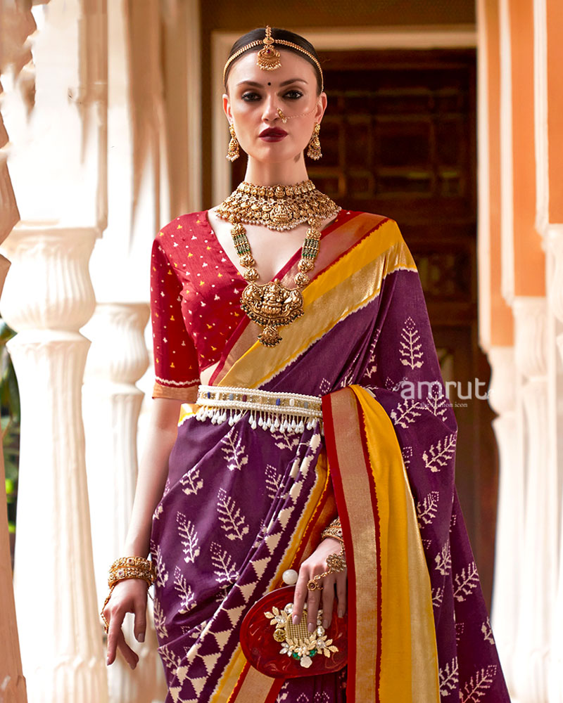 Purple Zari Embellished Borders Silk Saree with Unstitched Blouse 02