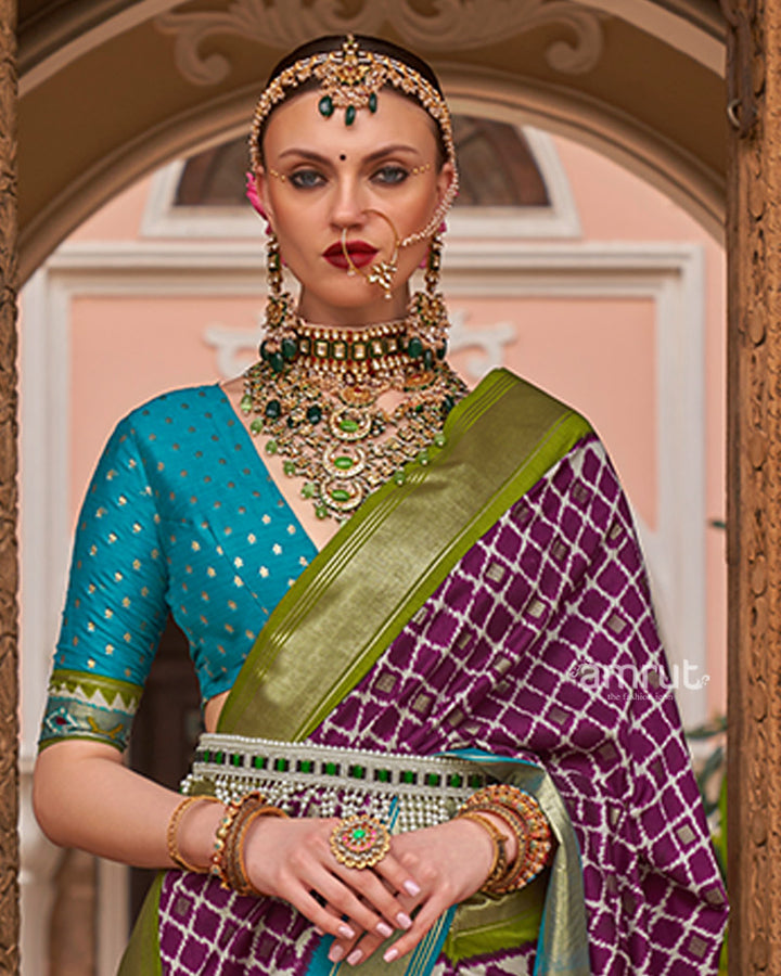 Purple Zari Woven Patola Silk Saree with Unstitched Blouse 02