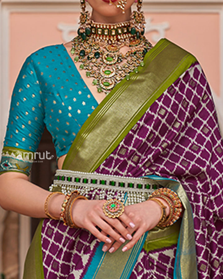 Purple Zari Woven Patola Silk Saree with Unstitched Blouse 03