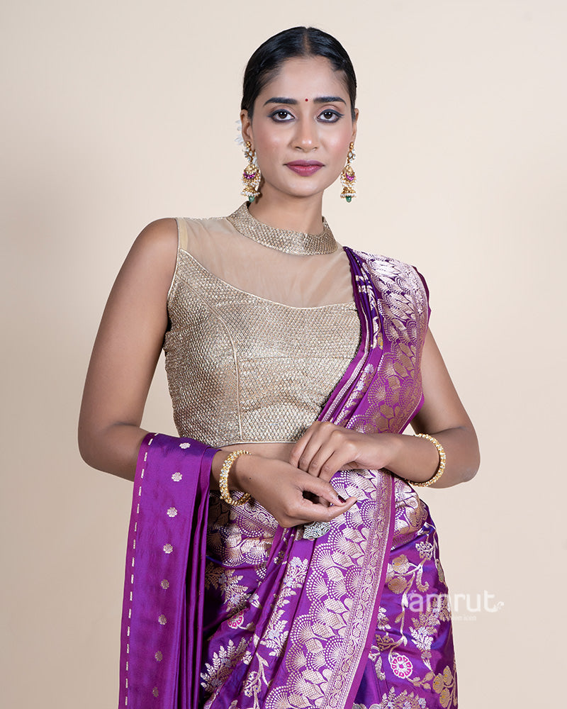 Purple Zari Woven Silk Saree with Unstitched Blouse 02