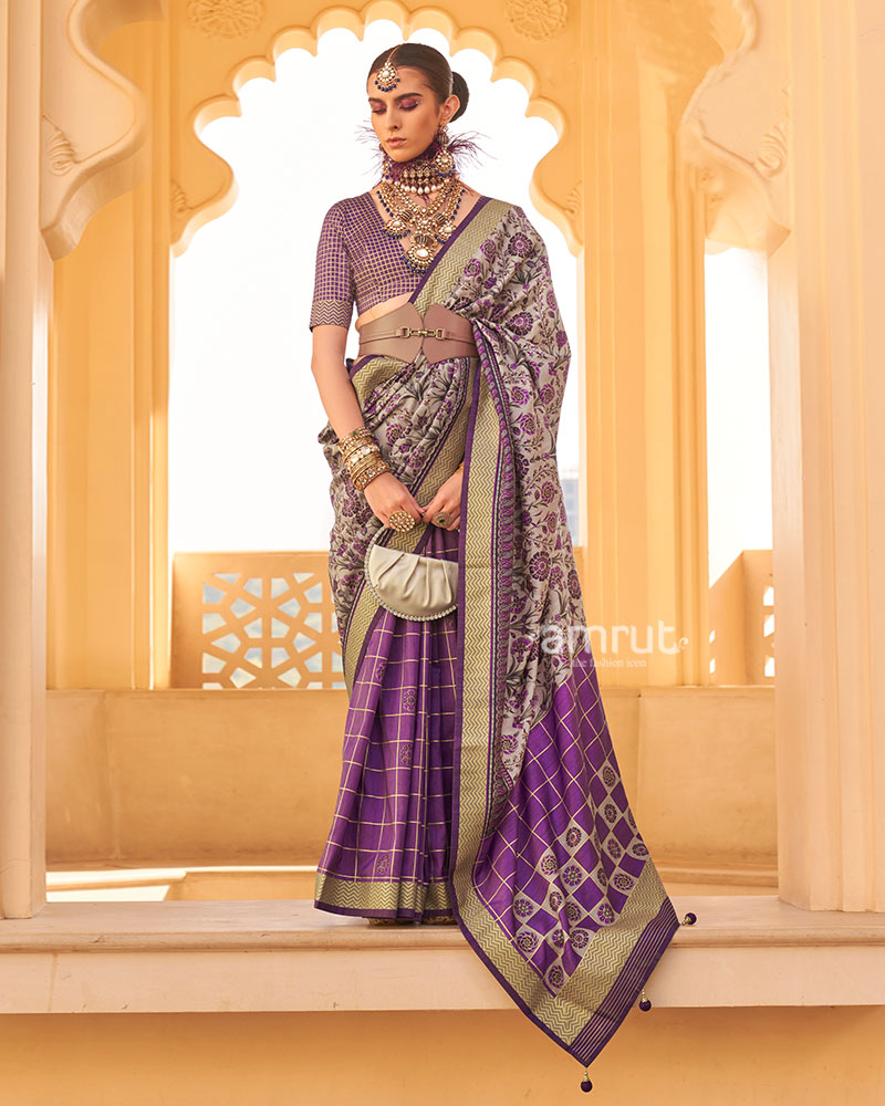Purple and Beige Printed Silk Saree with Unstitched Blouse 01
