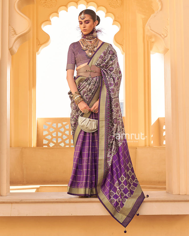 Purple and Beige Printed Silk Saree with Unstitched Blouse 01