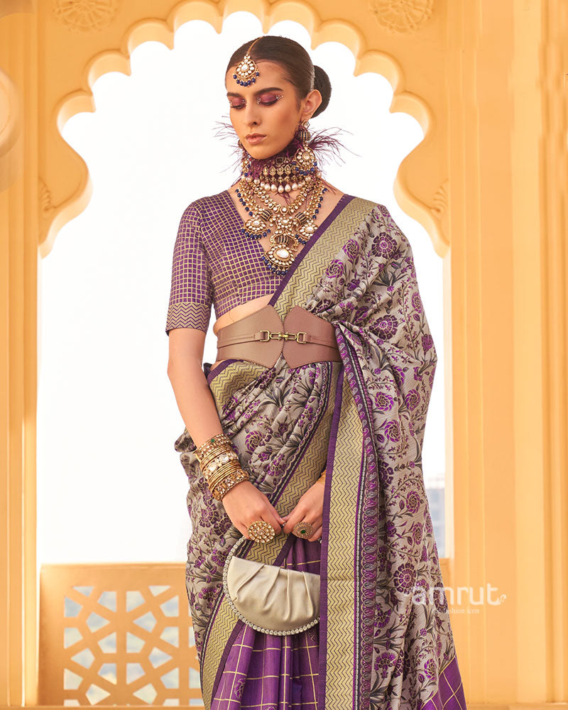 Purple and Beige Printed Silk Saree with Unstitched Blouse 02