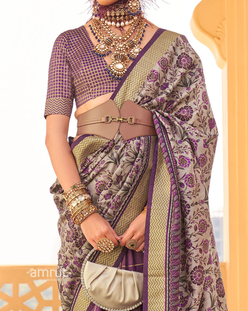 Purple and Beige Printed Silk Saree with Unstitched Blouse 03