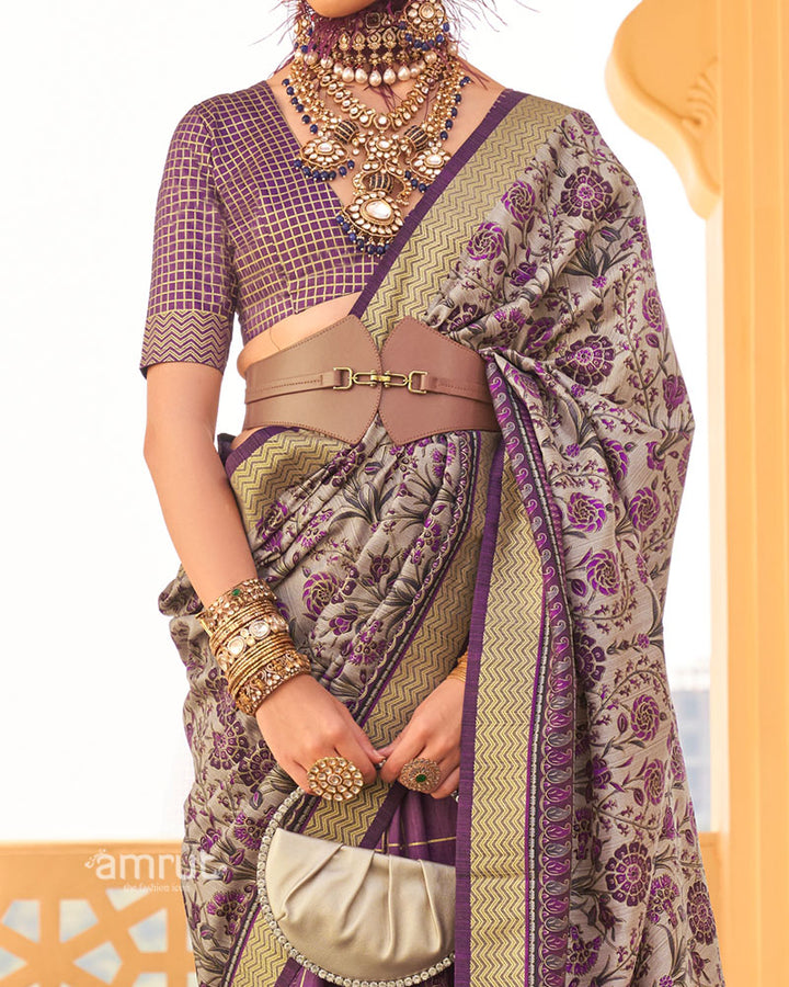 Purple and Beige Printed Silk Saree with Unstitched Blouse 03