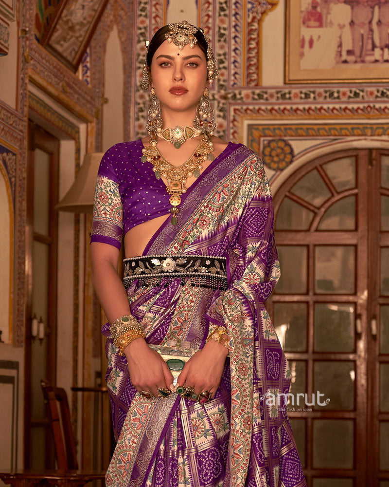 Purple and Cream Bandhani Saree with Unstitched Blouse and Belt 02