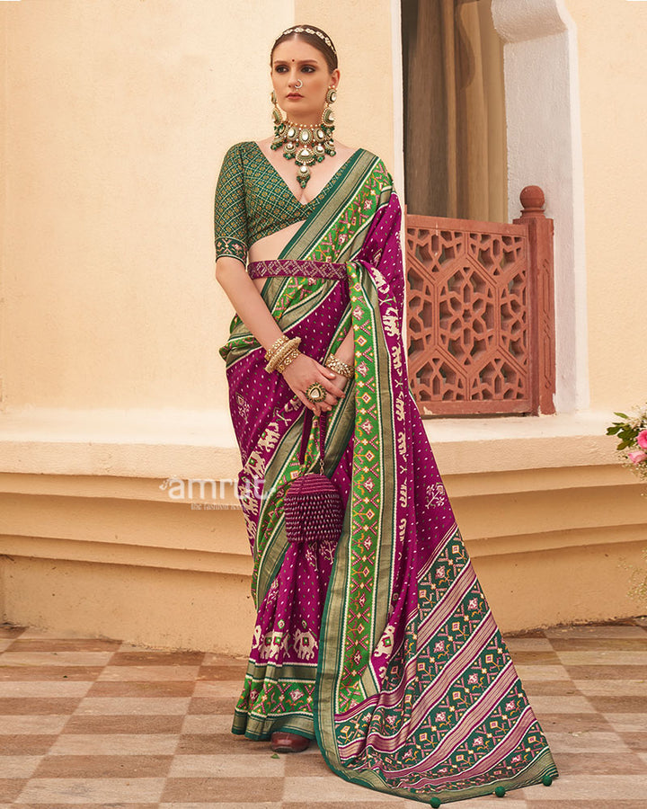 Purple and Green Ethnic Printed Patola Silk Saree with Unstitched Blouse 01