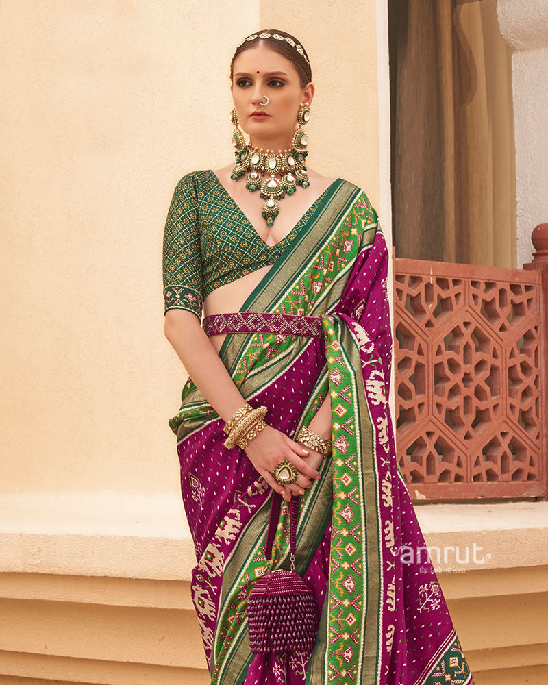 Purple and Green Ethnic Printed Patola Silk Saree with Unstitched Blouse 02
