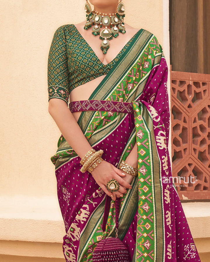 Purple and Green Ethnic Printed Patola Silk Saree with Unstitched Blouse 03