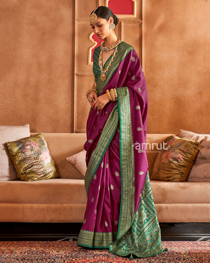 Purple and Green Foil Printed Patola Saree with Unstitched Blouse 01