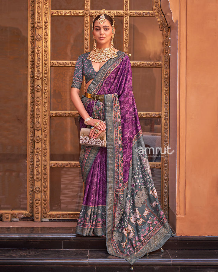 Purple and Grey Border Printed Silk Saree with Unstitched Blouse and Belt 01