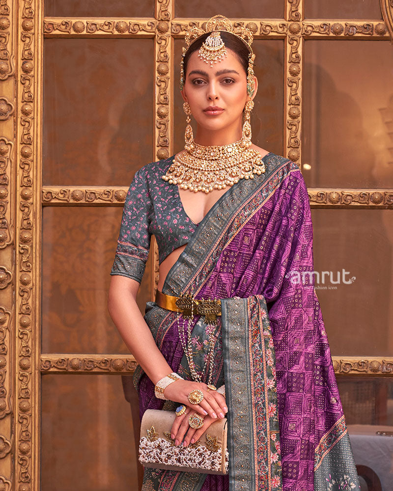 Purple and Grey Border Printed Silk Saree with Unstitched Blouse and Belt 02