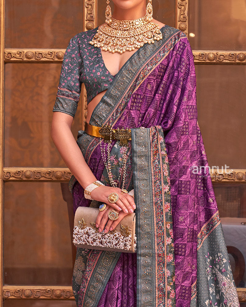 Purple and Grey Border Printed Silk Saree with Unstitched Blouse and Belt 03