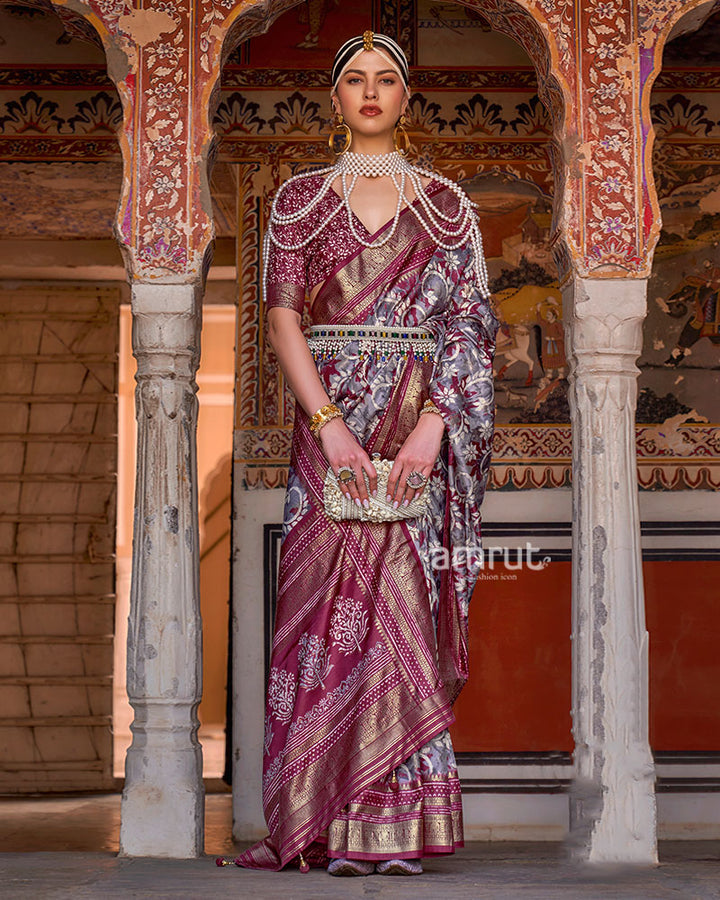 Purple and Grey Floral Printed Patola Saree with Zari Woven Border and Unstitched Blouse 01