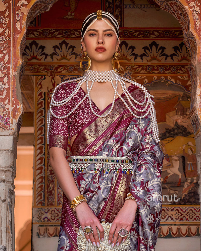 Purple and Grey Floral Printed Patola Saree with Zari Woven Border and Unstitched Blouse 02