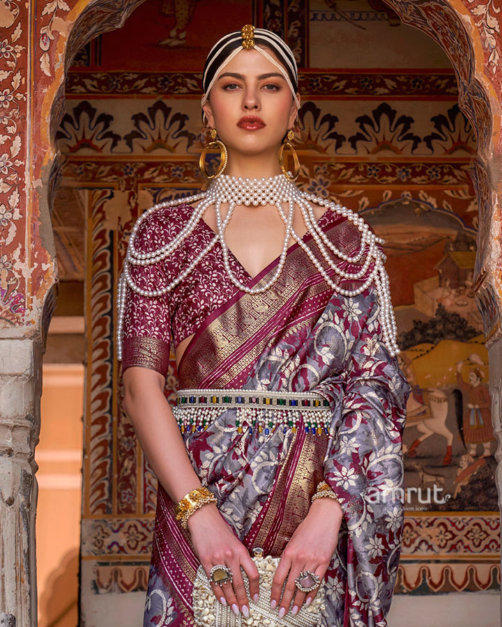Purple and Grey Floral Printed Patola Saree with Zari Woven Border and Unstitched Blouse 02