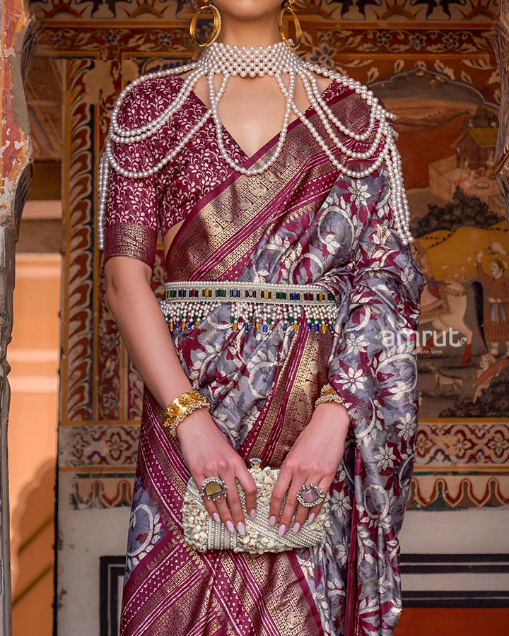 Purple and Grey Floral Printed Patola Saree with Zari Woven Border and Unstitched Blouse 03