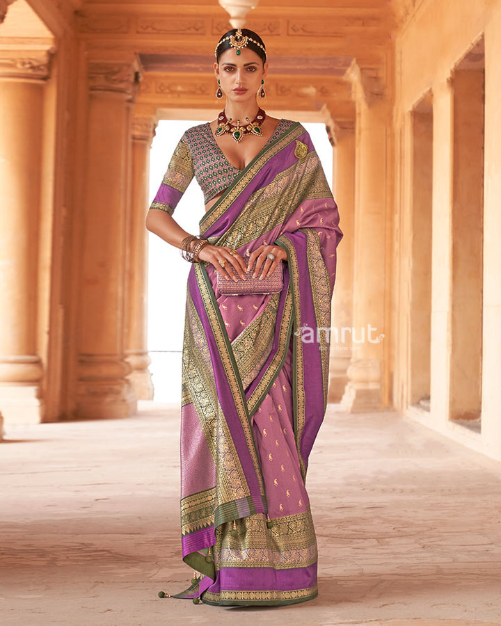 Purple and Multicolor Printed Patola Silk Saree with Unstitched Blouse 01