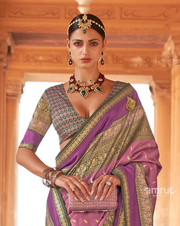 Purple and Multicolor Printed Patola Silk Saree with Unstitched Blouse 02