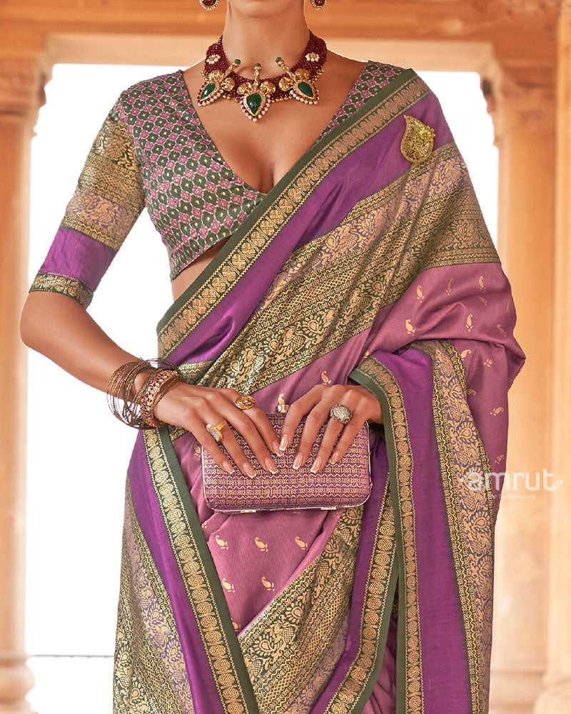 Purple and Multicolor Printed Patola Silk Saree with Unstitched Blouse 03