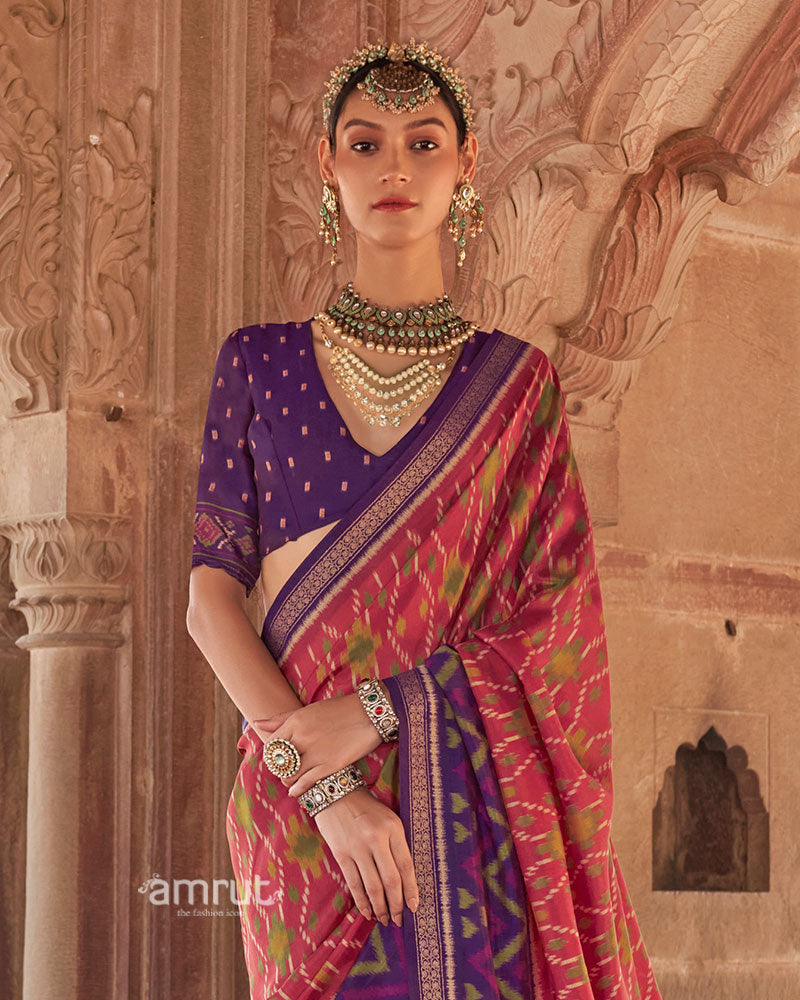 Purple and Pink Ikat Patola Printed Saree with Unstitched Blouse 02