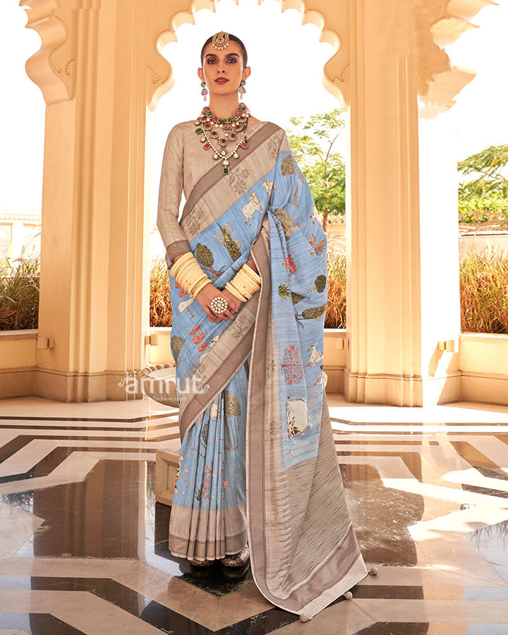 Purple and Teal Patola Printed Saree with Unstitched Blouse 01