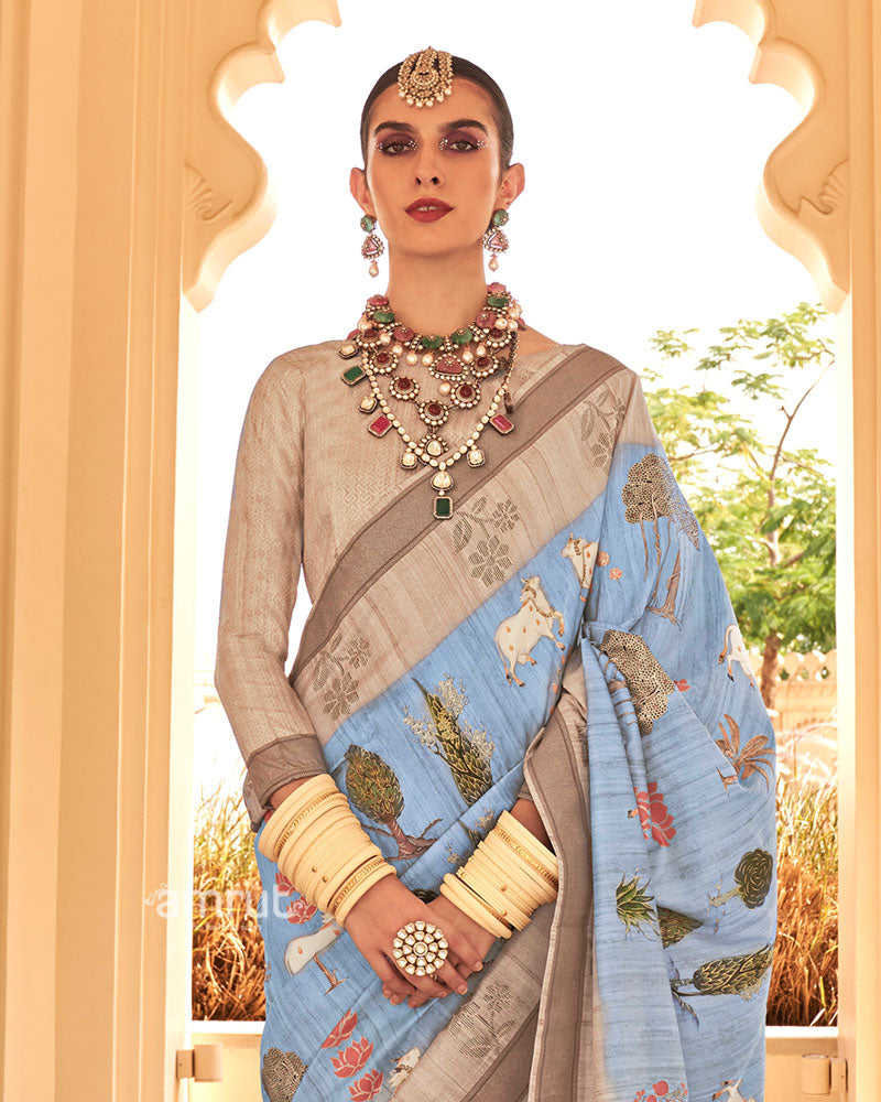 Purple and Teal Patola Printed Saree with Unstitched Blouse 02